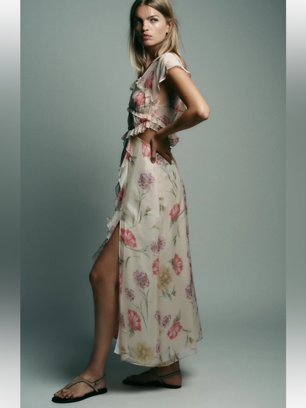 Zara Floral Ruffle Flowy Wedding Guest Fairycore Dress Sheer Chiffon Cream NWT S - Picture 9 of 11